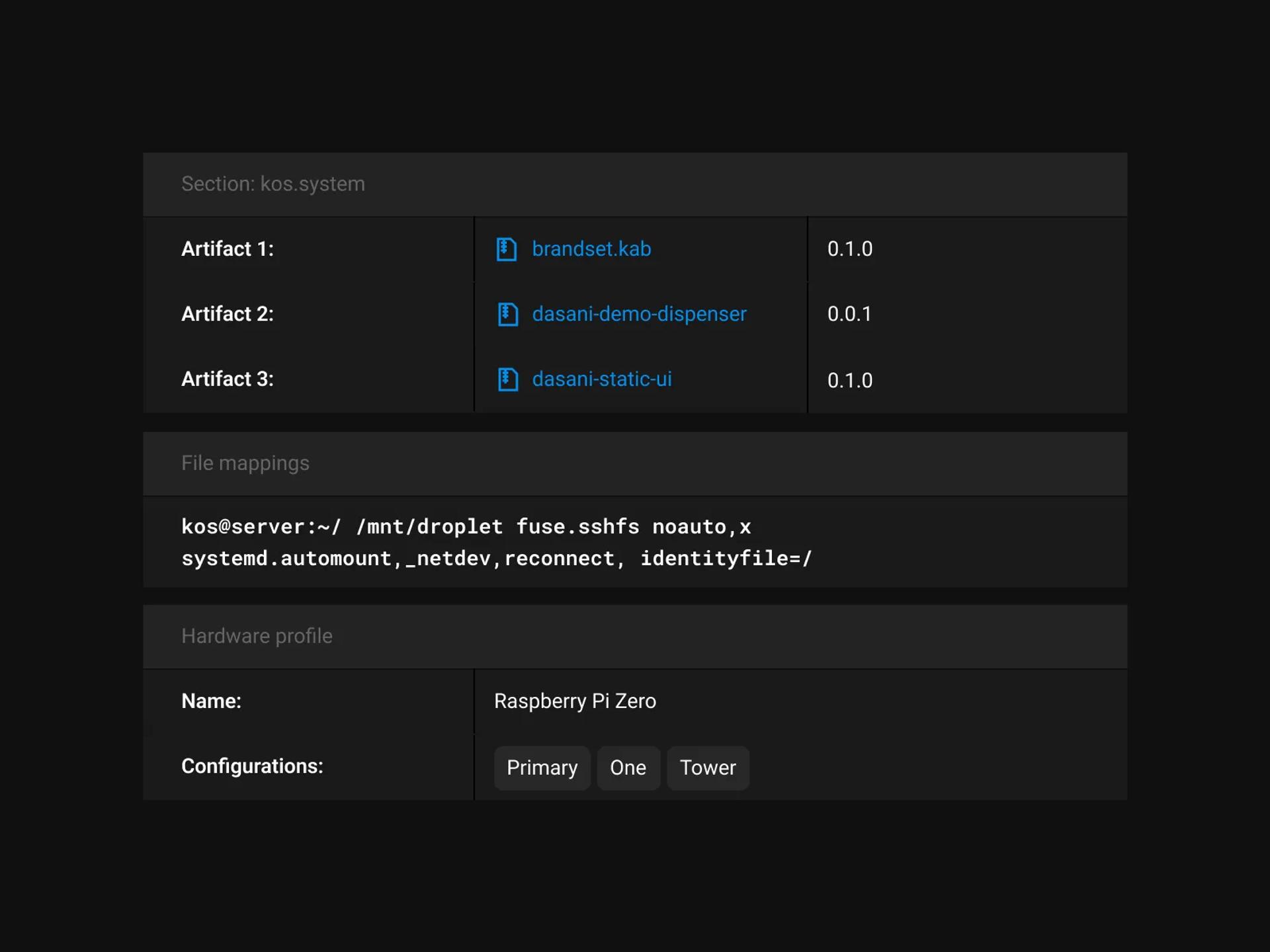 Artifacts, file mappings and hardware profile for a single device