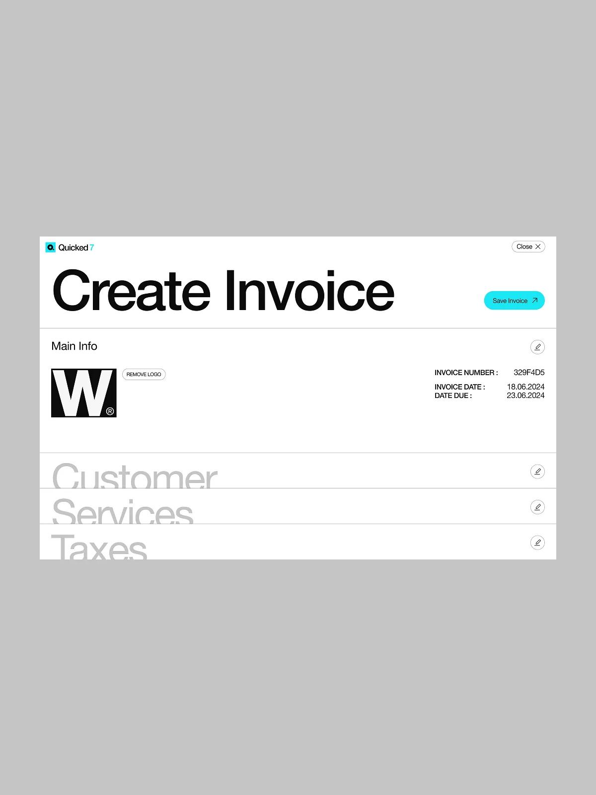 Branded invoice creation with structured line items and recurring schedules