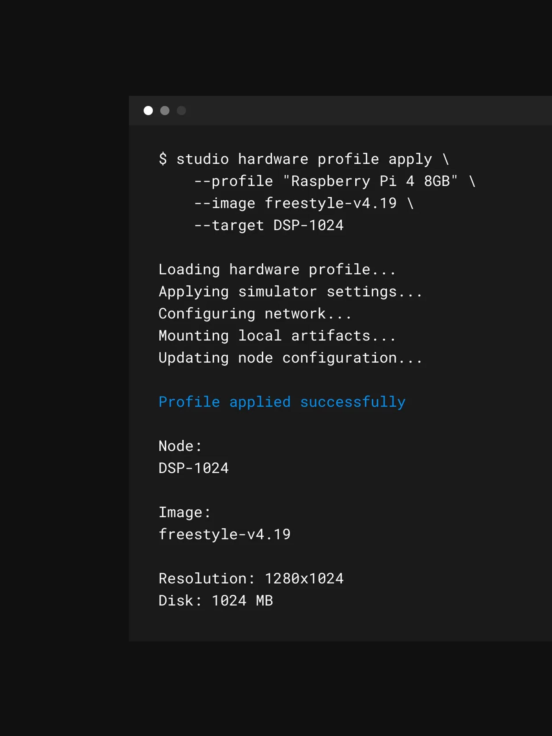 A hardware profile applied to a target device from the command line