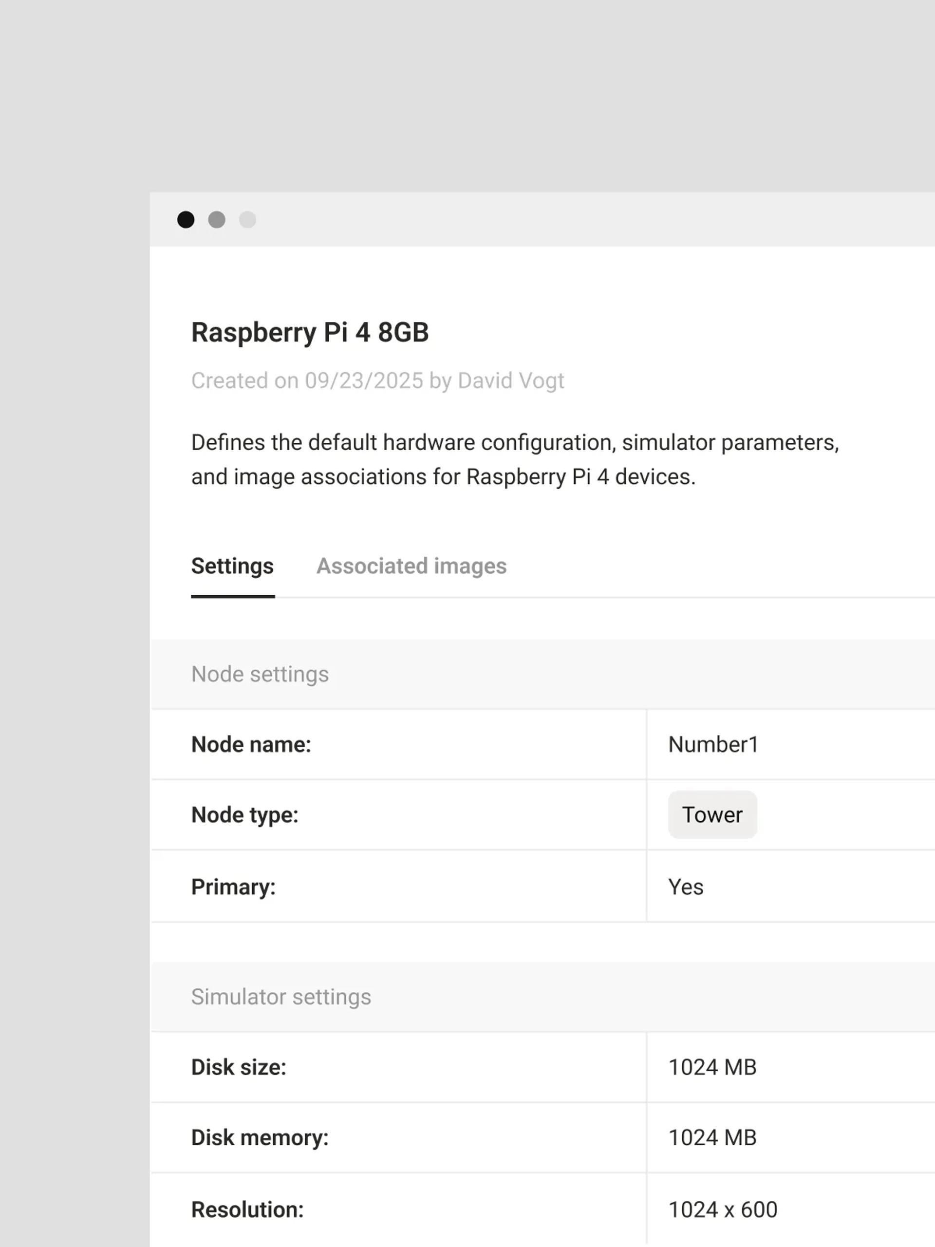 Hardware configuration and simulator defaults defined once per device type
