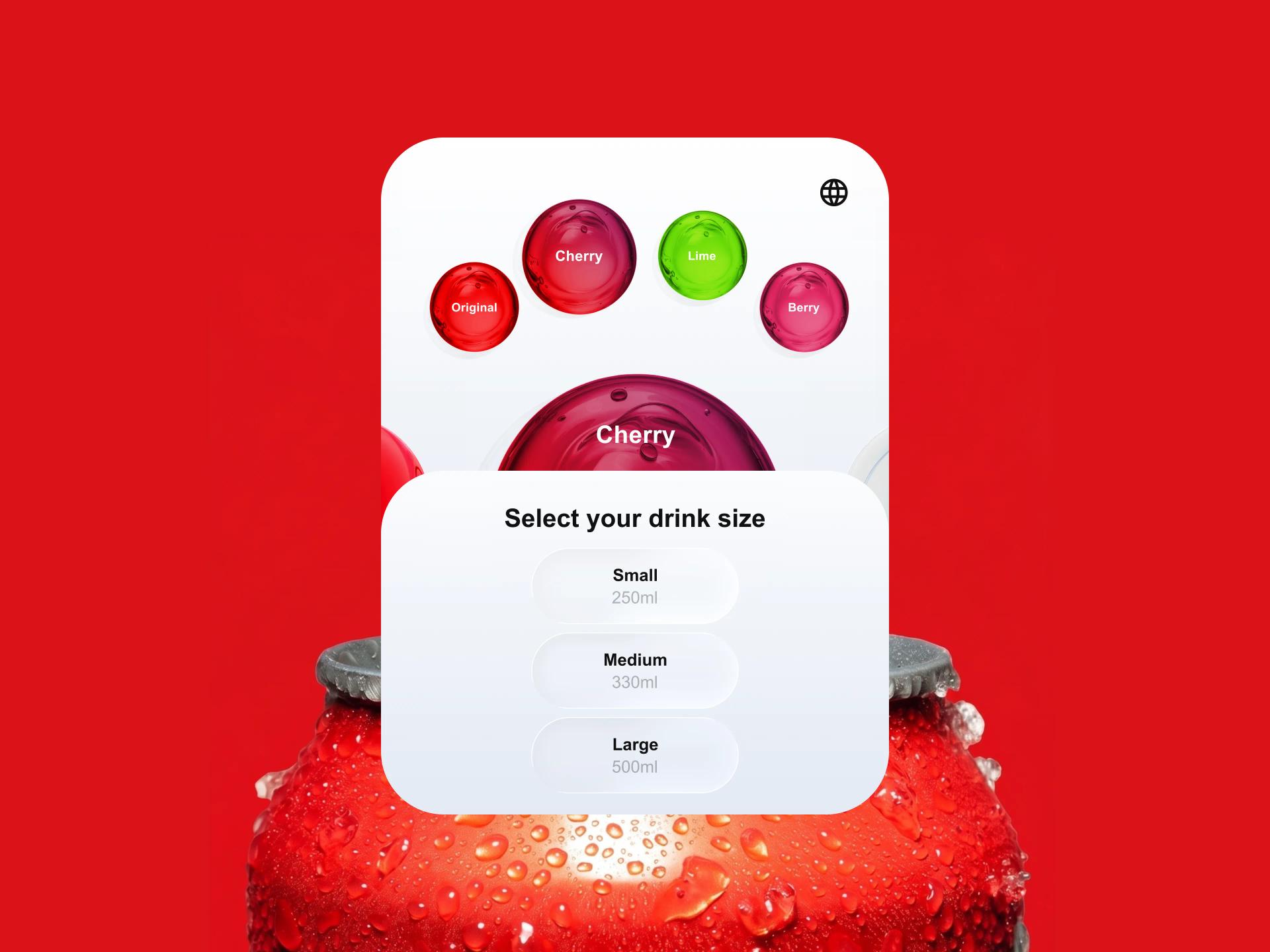 Flavour and size chosen together on a single screen before the pour