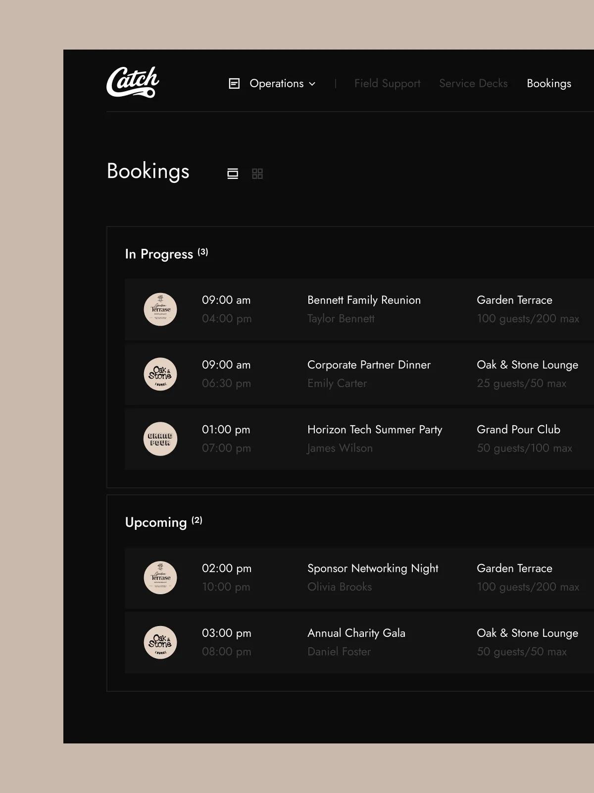 Catch Bookings module showing the booking lifecycle