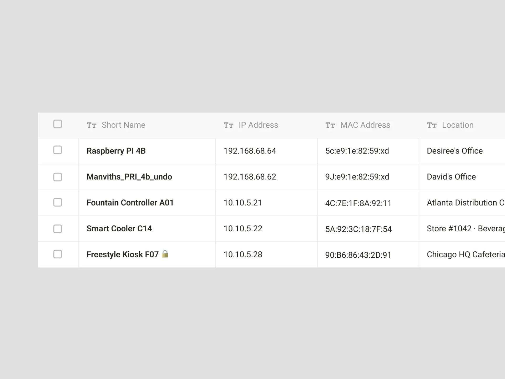 Fleet devices listed with addresses and locations for direct connection