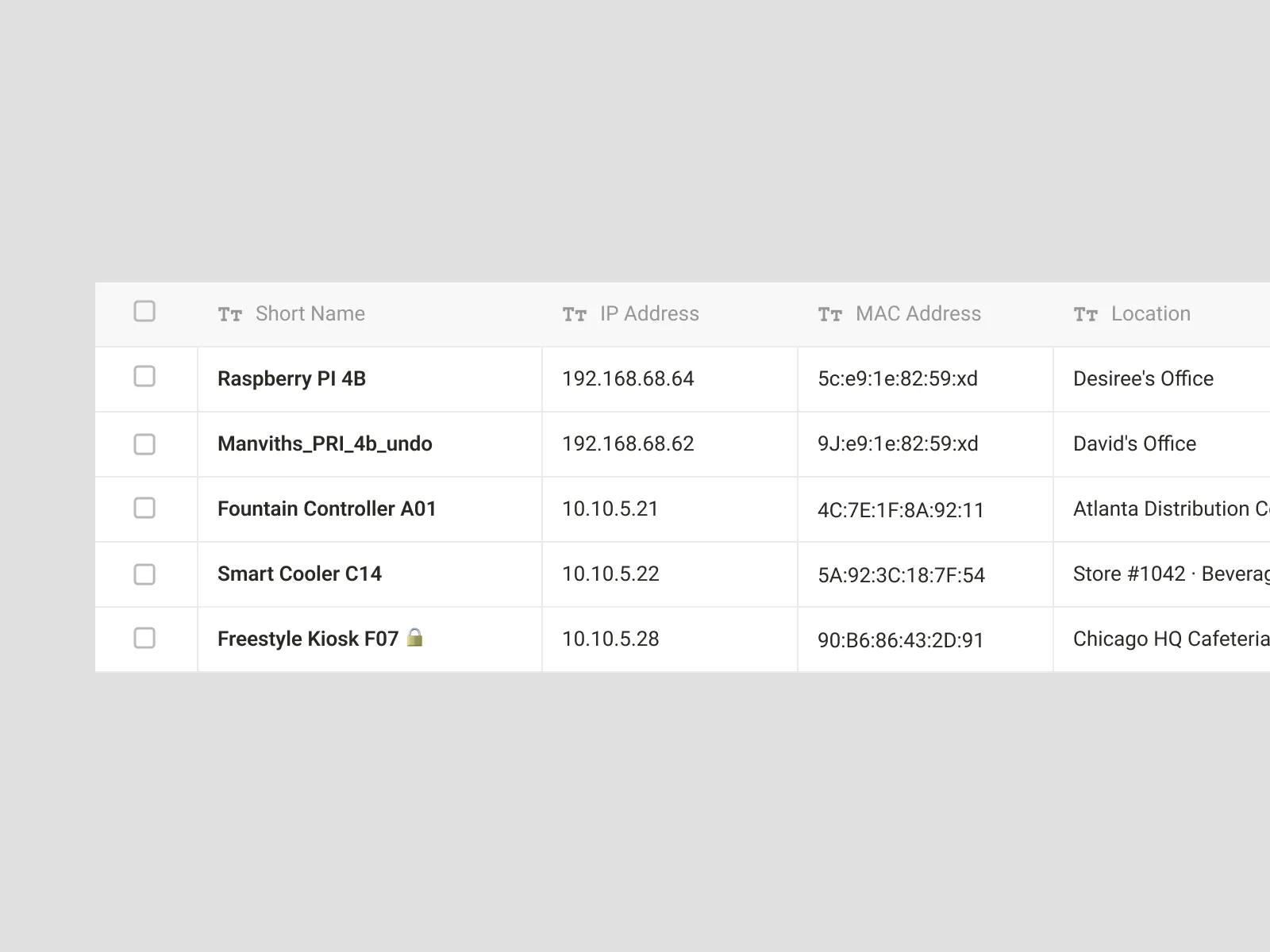 Fleet devices listed with addresses and locations for direct connection